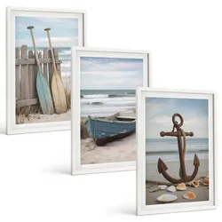 BILDER SET 3er Set - 40x60 cm Weißer Rahmen - Strandbootanker Sand