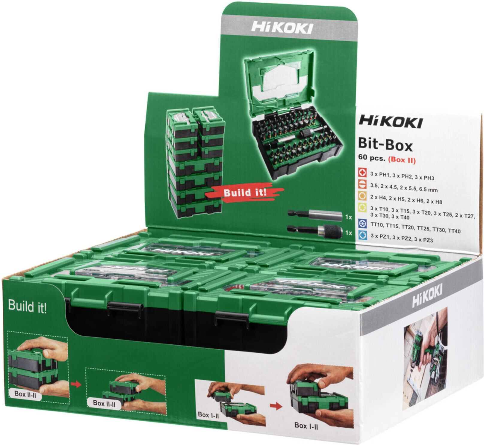 HiKOKI Bit-Box 1/4", 60-teilig, 25mm, inkl. magnetischem Bithalter und magnetischem Bithalter mit Schnellwechselsystem (40030024)