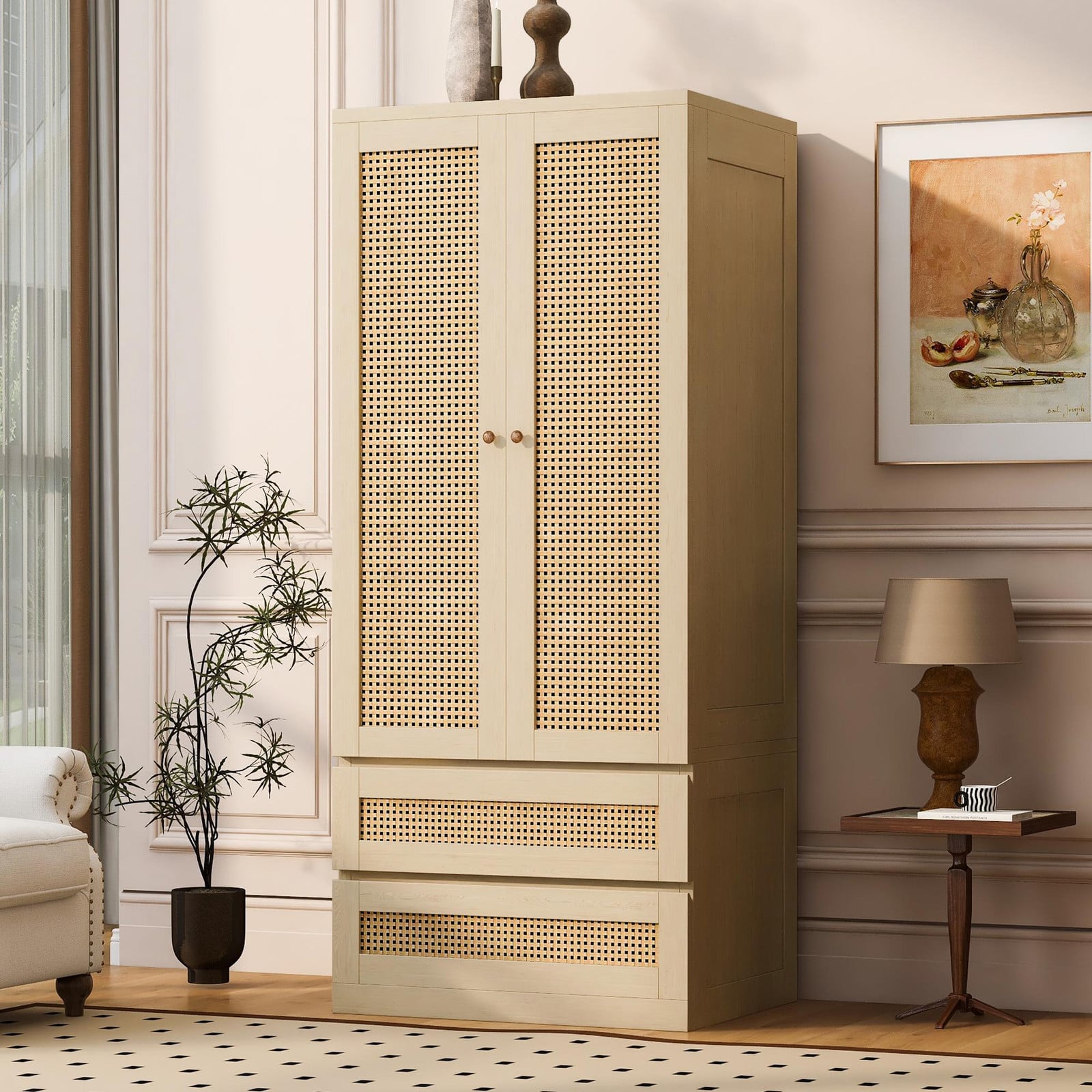 OKWISH Garderobe met 2 lades en dubbele deuren in rotanstijl, houten opbergkast