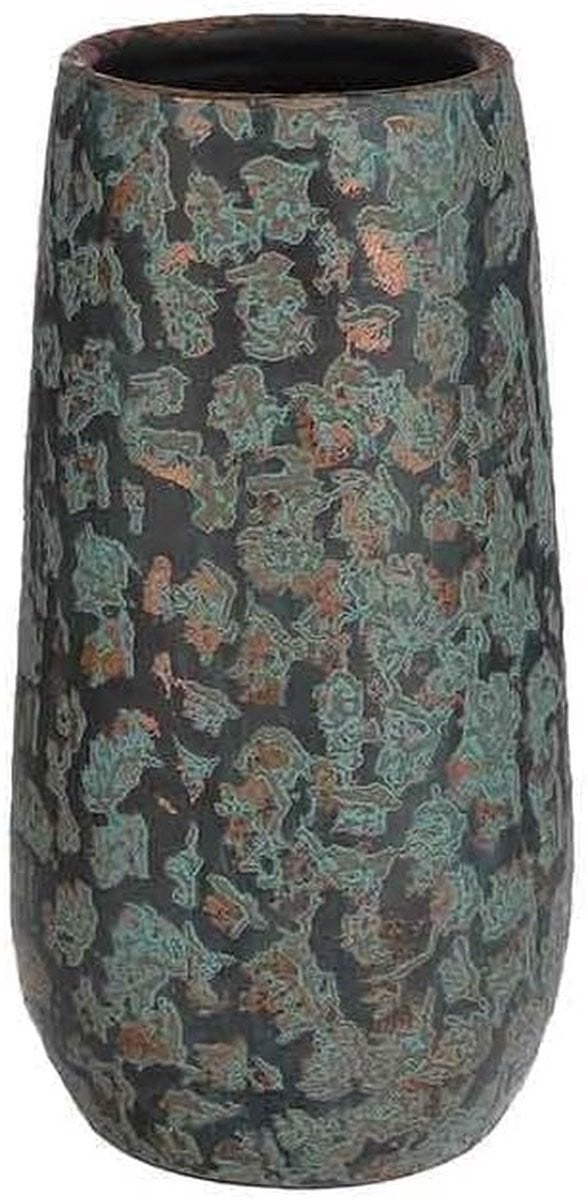 Handgemaakte Terracotta Vaas met Koperen Afwerking, Hoogte: 35 cm