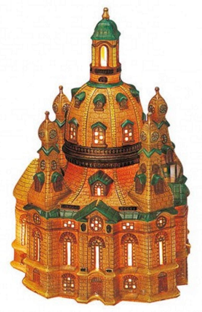 Lichthaus met afbeelding van de Frauenkirche Dresden, porselein, bruin/groen, B: 26 cm, D: 17 cm, H: 16 cm