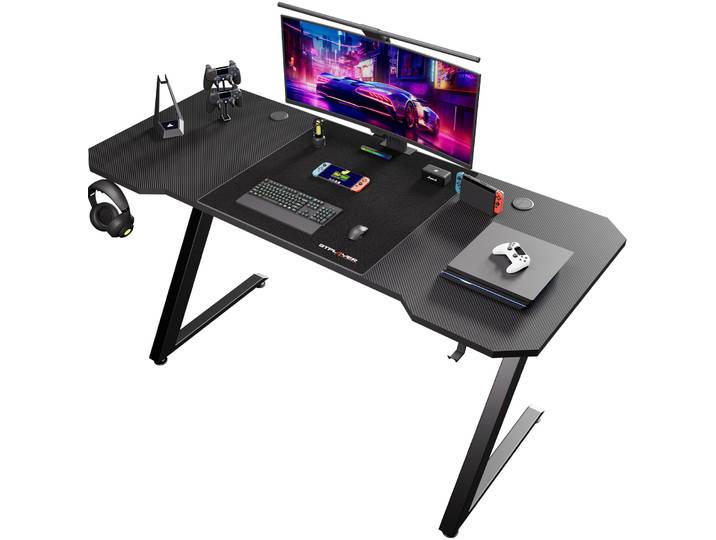 GT-Table de jeu inquiétante sur mesure, bureau de jeu, table PC, surface en fibre de carbone, LED, prise, noir, 120x60cm