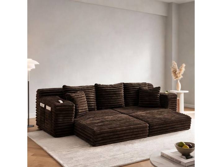 Canapé 2/3 places en velours côtelé marron convertible haute densité dossier haut 273x98x87 cm