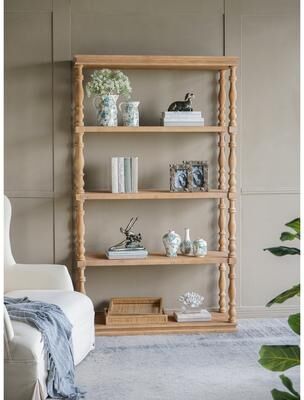 "46.9x17x80.5"" 5-Tier Tall Natural Wood Shelf Bookshelf with Carved Spindle Posts"