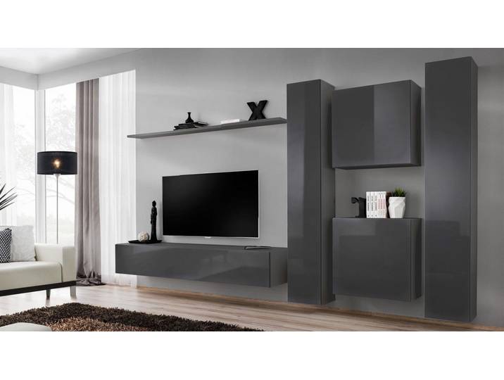 Xlmoebel Wohnwand Grau lackierte Designer Kommode für stilvolle Raumgestaltung, (7-St., Wohnwand + TV Ständer + 4x Wandschrank + Wandregal), Hergestellt in Europa