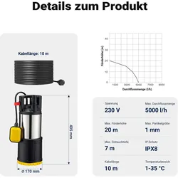Wiltec, Wasserpumpe, Tauchpumpe 850W Schwimmerschalter Brunnenpumpe Pumpe Tiefbrunnenpumpe (Klarwasserpumpe)