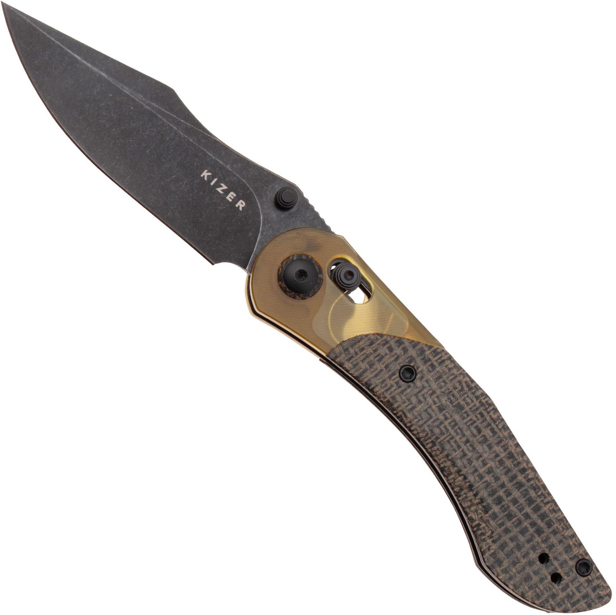 Kizer Vanguard Mini Mystic V3636C1 Blackwashed 154CM, Burlap Micarta Ultem Bolster, coltello da tasca, Paul Munko design