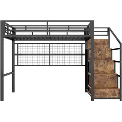 STILVORA Hochbett aus Metall, Schwarz, 140x200 cm, gewerblich geeignet, Stauraumleiter, LED