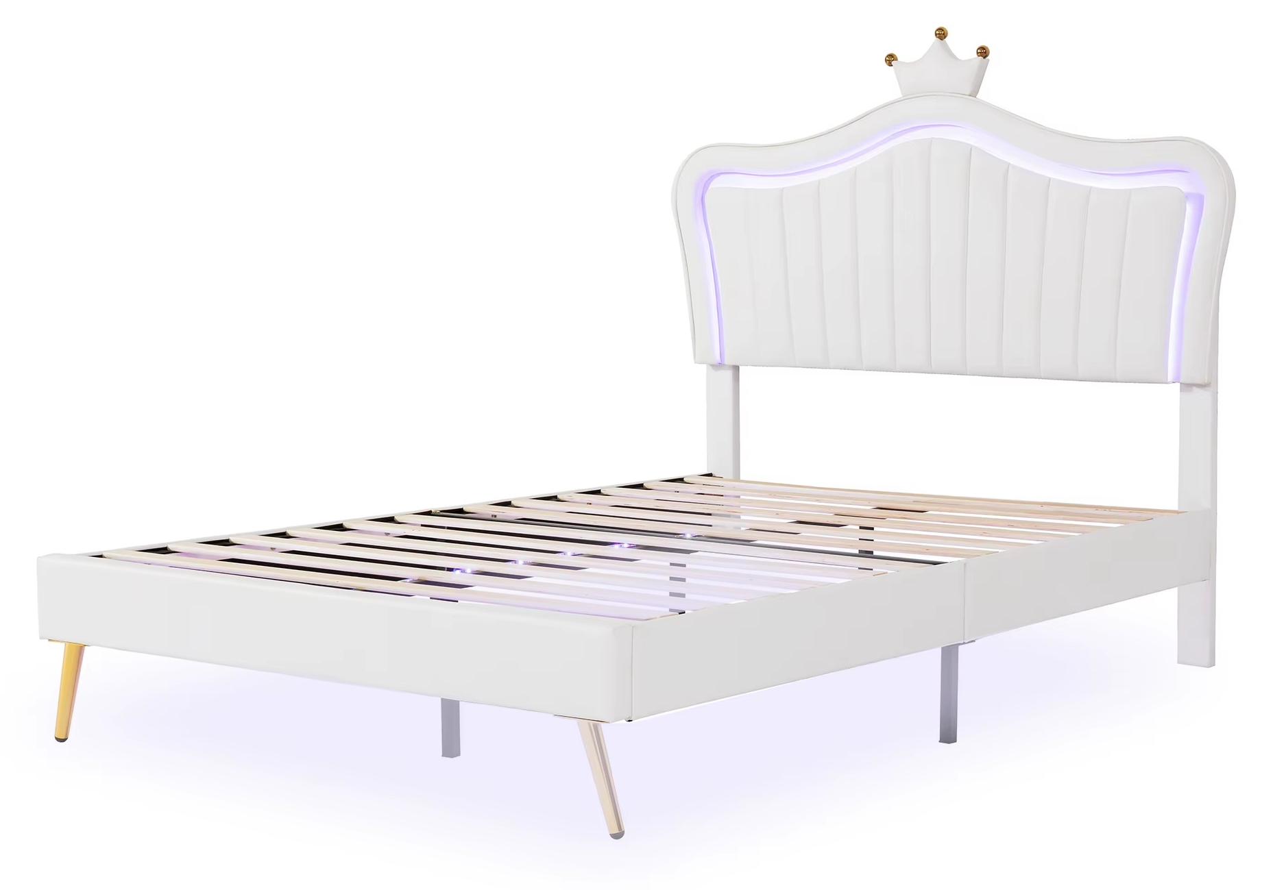 Kinderbett - Bettrahmen 90 x 200 cm - Kronenmotiv - LED-Beleuchtung - Lattenrost - Rückenlehne - Weiß