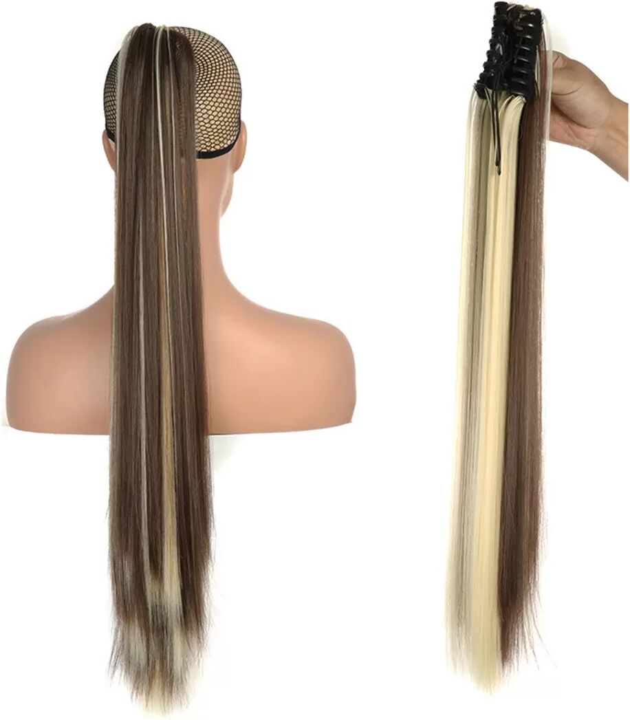 INF Braun-Goldene lange, glatte Zopf-Haarverlängerung mit Klauenclip - Hochtemperaturfaser