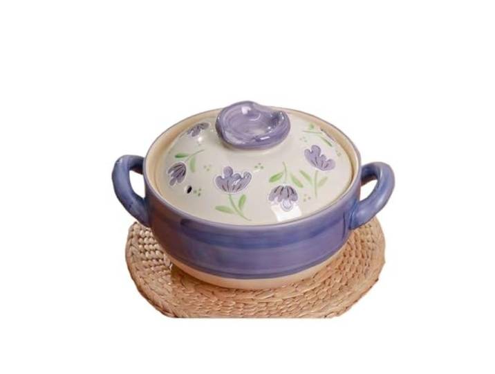 Handgezeichneter Eintopf aus Keramik Herd- und ofenfester Suppenauflauf, flache Schmorpfanne(Purple-3L)