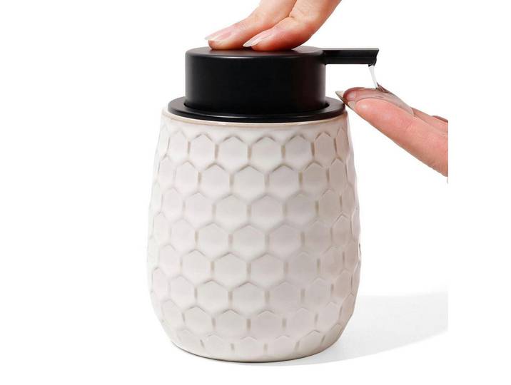 Seifenspender Keramik Beige 400ml, 9x13x9 cm, Badaccessoires, Seifenspender