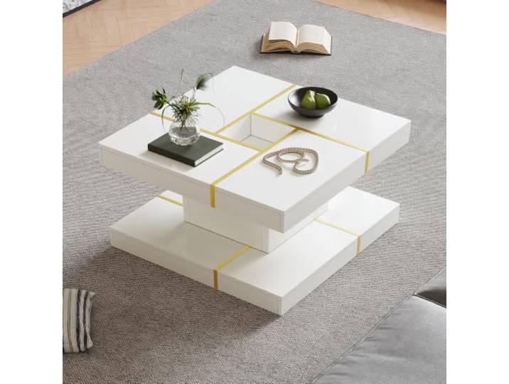 Crlnaup Zweistöckiger Couchtisch aus Spanplatte, quadratisch mit goldenen Metallverkleidungen, mittlere Aussparung, gestuftes Design für Wohnzimmer