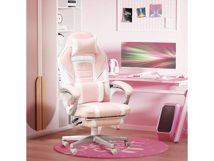 HOMCOM Chaise gaming, fauteuil gaming ergonomique avec repose-pieds, hauteur réglable, dossier inclinable, 63x63x123cm, rose