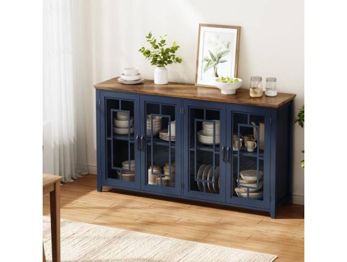 160cm breites Küchen-Sideboard mit Glastüren,einem geräumigen Staufach,einer Arbeitsplatte in Holzoptik und einer Kippsicherung.Dieses moderne Sideboard eignet sich für Küchen,Esszimmer und Wohnzimmer