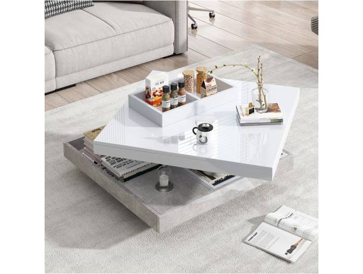 Table Basse Carrée Blanche Brillante Table De Salon Pivotante FloraGrace Pour Salon Rangement Double Niveau 70x70x36cm