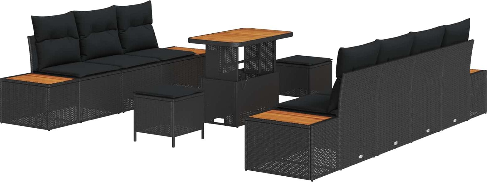 Modulares Garten-Sofa-Set, 10-teilig für 9 Personen, wetterfestes Poly-Rattan, pulverbeschichtet, Schwarz, mit Kissen und Tisch, für Garten & Terrasse