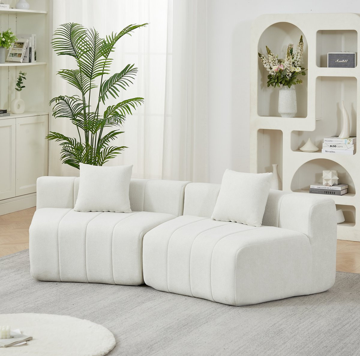 FloraGrace Modulaire Bankmodule – Gebogen Halfrond Sofamodule in Beige Chenille met 2 Kussens – Breedte: 223 cm