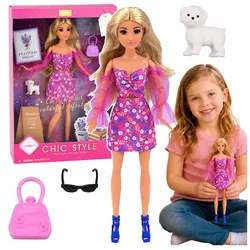 Anlily Modepuppe im rosa Kleid, weißer Hund, Handtasche, Brillen-Set
