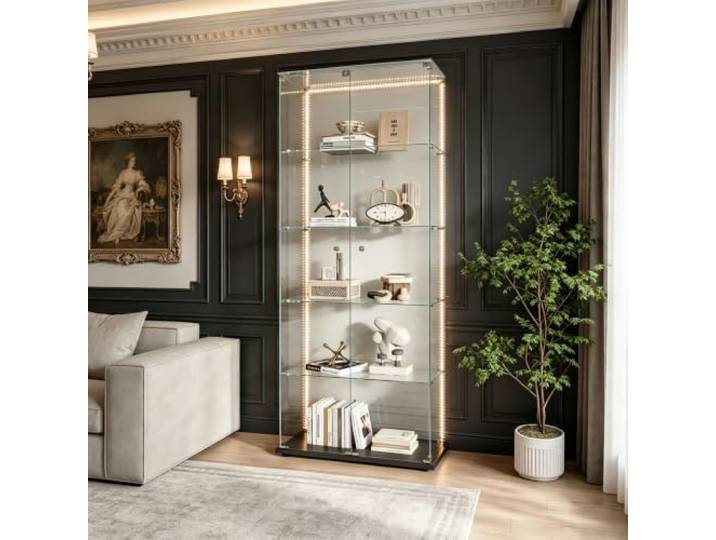 ZSSWSS Vitrine aus Glas,Ausstellungsvitrine mit 5 Glasablagen, Moderne Vitrine für Wohnzimmer mit 2 Türen und Schloss,Vitrine für Sammler,5 Etagen 2 Tür, für Sammlervitrine,Bücher und Wein,Schwarz B
