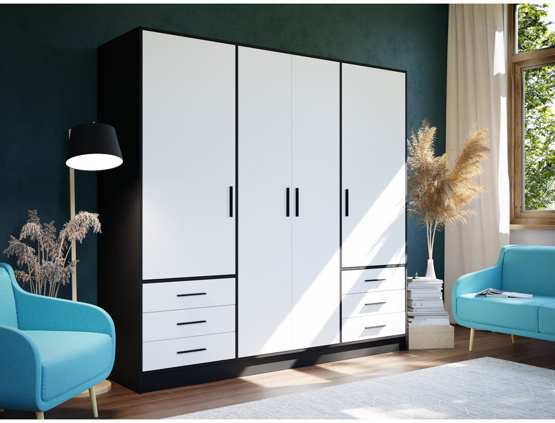 Zipcode Design Ingram 4 Door Wardrobe Black Matt/White Matt 200cm H X 206.5cm W X 60cm D