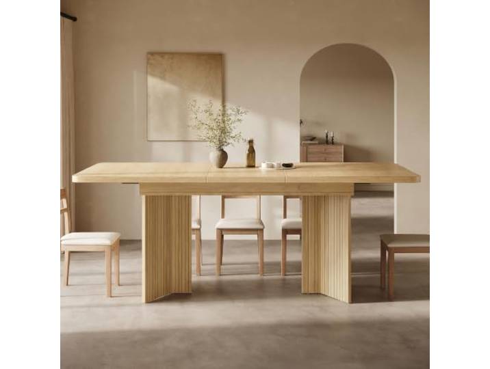 DUlVBPE Ausziehbarer Esstisch 120–160 cm mit vertikaler Riffel V-förmigen Tischbeinen, rechteckiger Esszimmertisch, 2 Farben Eiche hell/Nussbaum