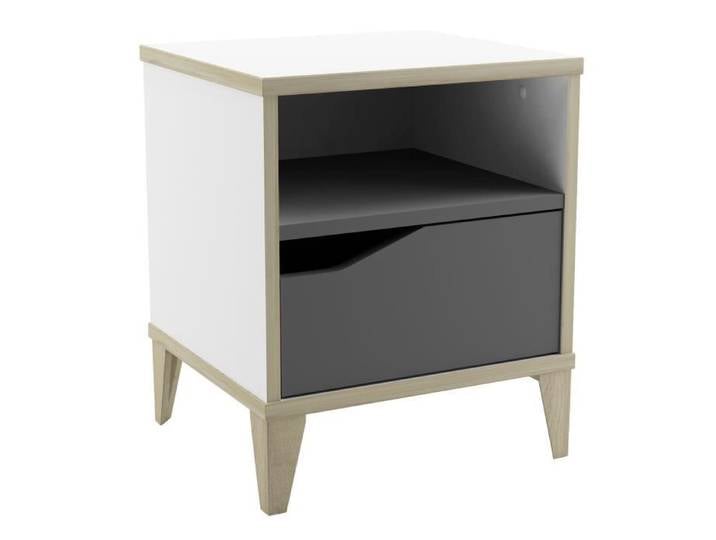 Table de chevet - GENIUS - Blanc et Gris - 1 tiroir - 1 niche - 36 8 x 33 x 43 8 cm