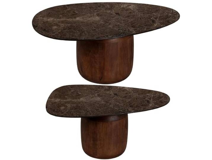 DRW Set mit 2 Beistelltischen aus Keramik und Holzsockel in Braun, 90 x 56 x 37 cm