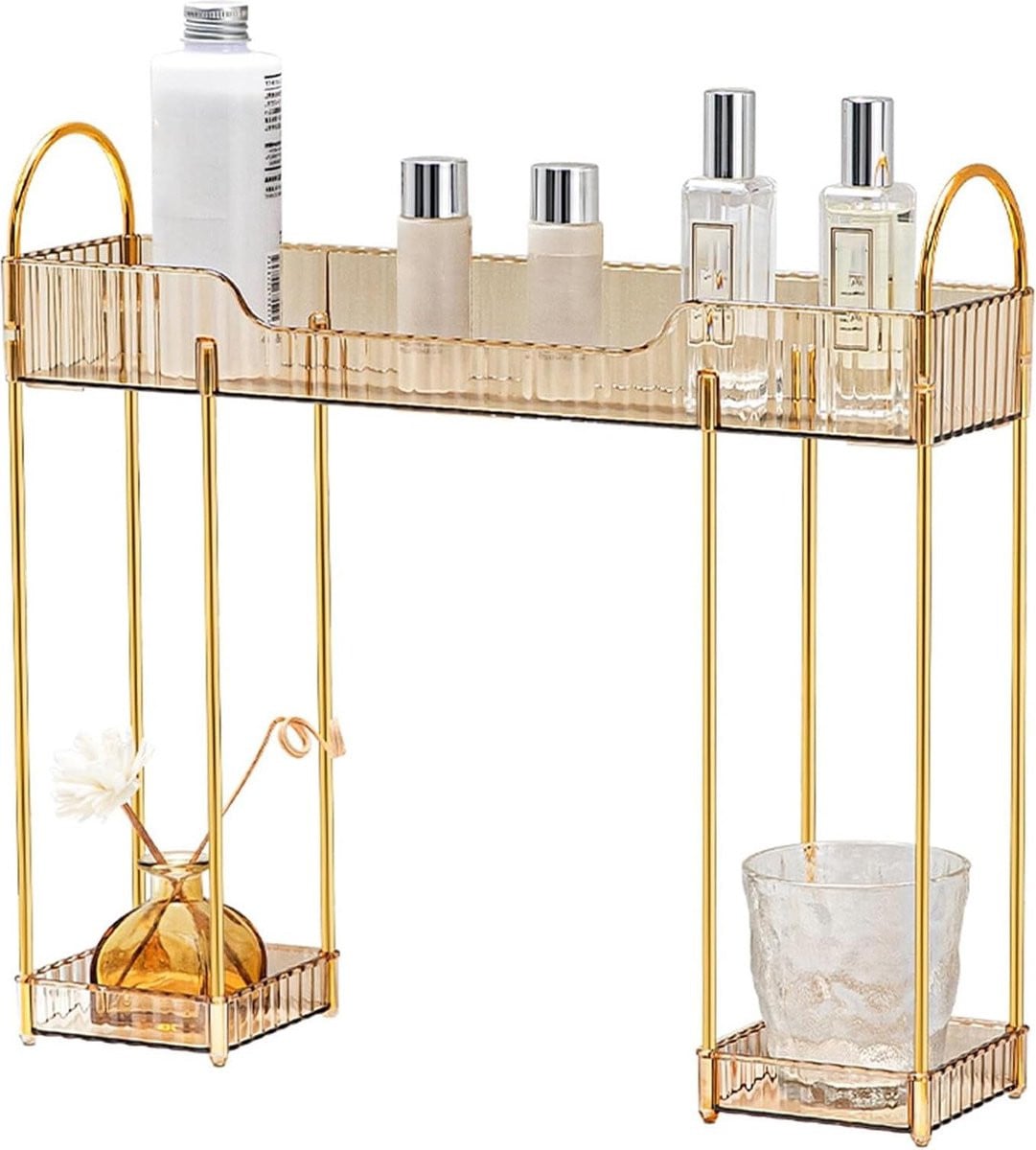 Badkamer organizer met 2 niveaus en make-up dienblad voor huidverzorging, goud