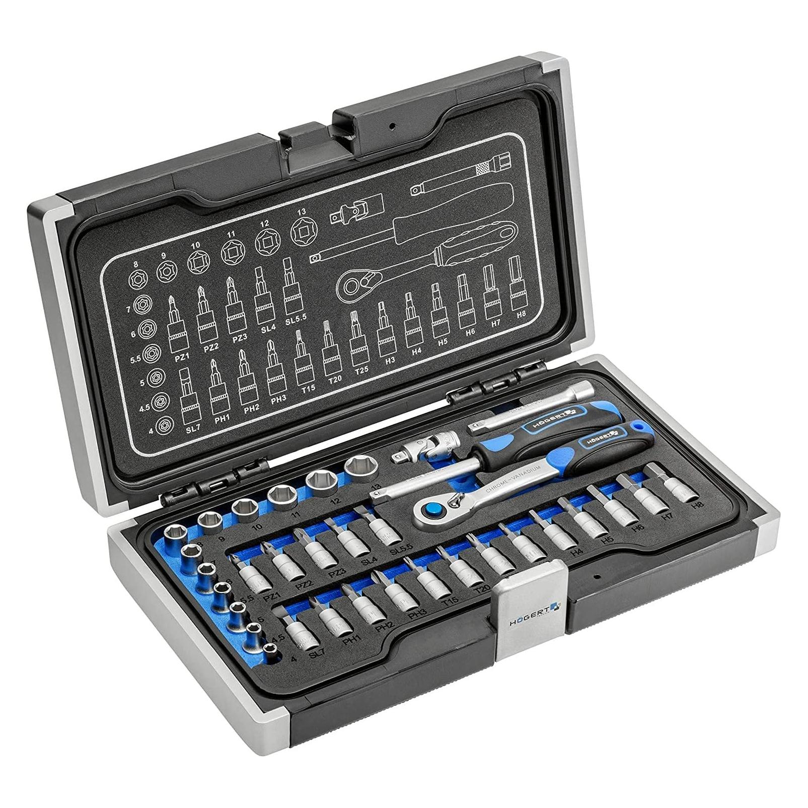 MGA Högert Technik - Werkzeugset I Steckschlüssel, Bits und Ausstattung 1/4" I Legiertem Chrom-Vanadium- (HT1R464)