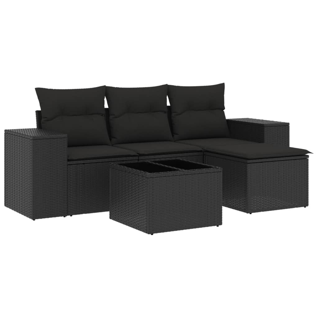 Modulares Gartensofa-Set, 5-teilig, mit Kissen, PE-Rattan, pulverbeschichteter Stahl, Hartglas-Tischplatte, UV-beständig, Schwarz
