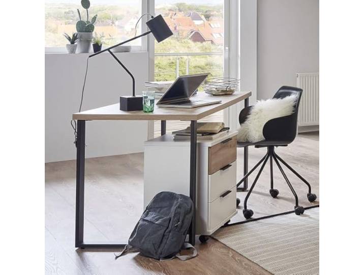 Lomadox Jugendzimmer-Set 2-teilig in weiß mit Eiche, mit Schreibtisch 140 cm breit, Metallkufen, Rollcontainer