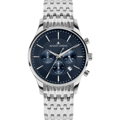 Chronograph JACQUES LEMANS "London", silber (silberfarben, blau, blau), Armbanduhren, Herren, silberfarben, Chronograph, Quarzuhr, Armbanduhr, Herrenuhr, Edelstahlarmband, analog, Tag