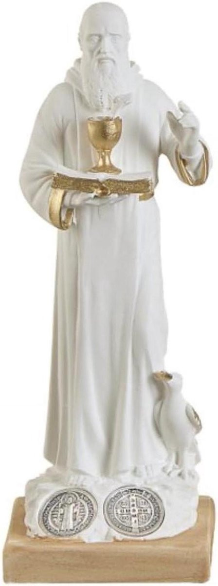 Handgemaakt Italiaans Religieus Beeld Sint Benedictus - Wit - Hoogte: 10 cm
