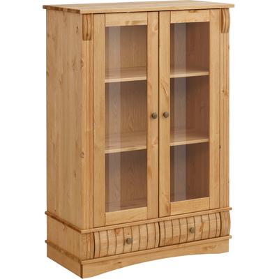 Vitrine OTTO HOME "Teresa Highboard mit Glastüren", beige (geölt), B:84cm H:120cm T:40cm, Schränke, Vitrine, mit 2 Glastüren und 2 Schubladen, Höhe 120 cm, aus Massivholz