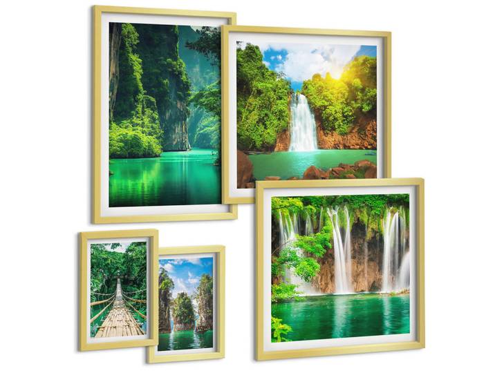Tulup Bilder SET 5er Set - 50x50 cm & 20x30 cm & 40x60 cm Goldrahmen - See, Berge, Boote, Ferienhaus, Goldfarben, Kunststoff, Rechteckig, 40x60 cm, Fotografie, Bilder & Rahmen, Bilder
