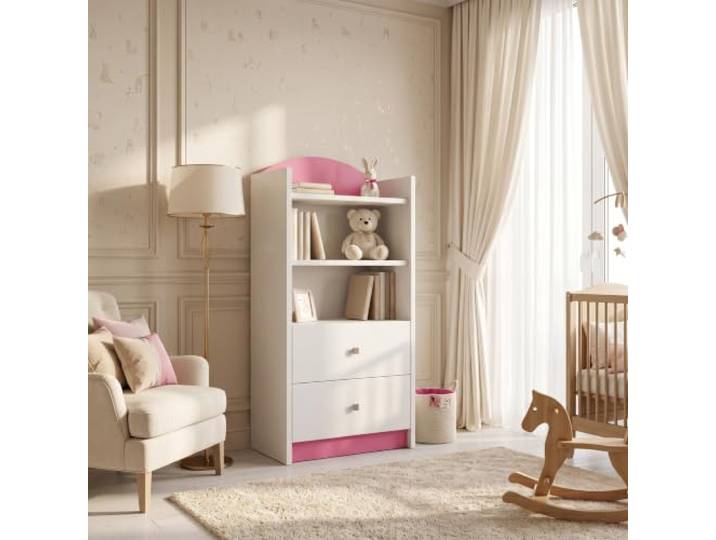 Happy Babies Kinderzimmer Bücherregal Weiß minimalistisch, Halbhohes Regal 3 Fächer, Aufbewahrung Schulsachen Mädchen Jungen, Rosa