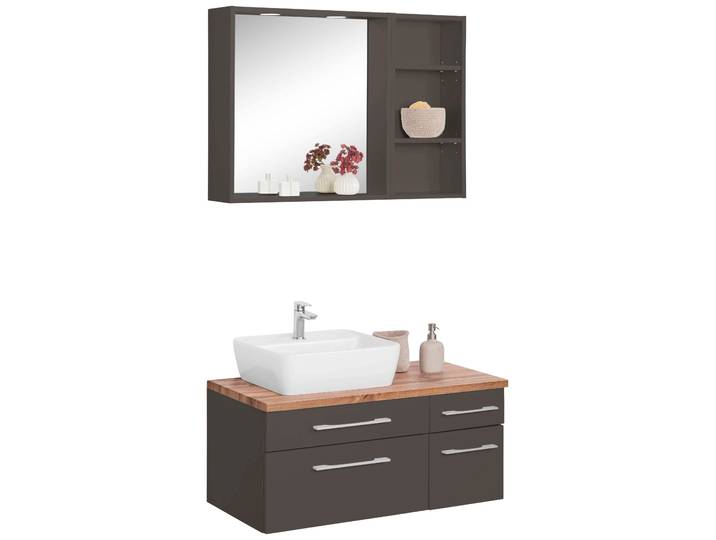 Badmöbel-Set WELLTIME Davos , grau (grafit, grau), Becken links, Kastenmöbel-Sets, Badmöbel-Set, mit 2 Touch-LED-Einbauleuchten