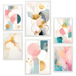POSTER Set Mit 6 Grün Gold Fuchsia Lila Abstrakt A3 & A4 Weißer Rahmen