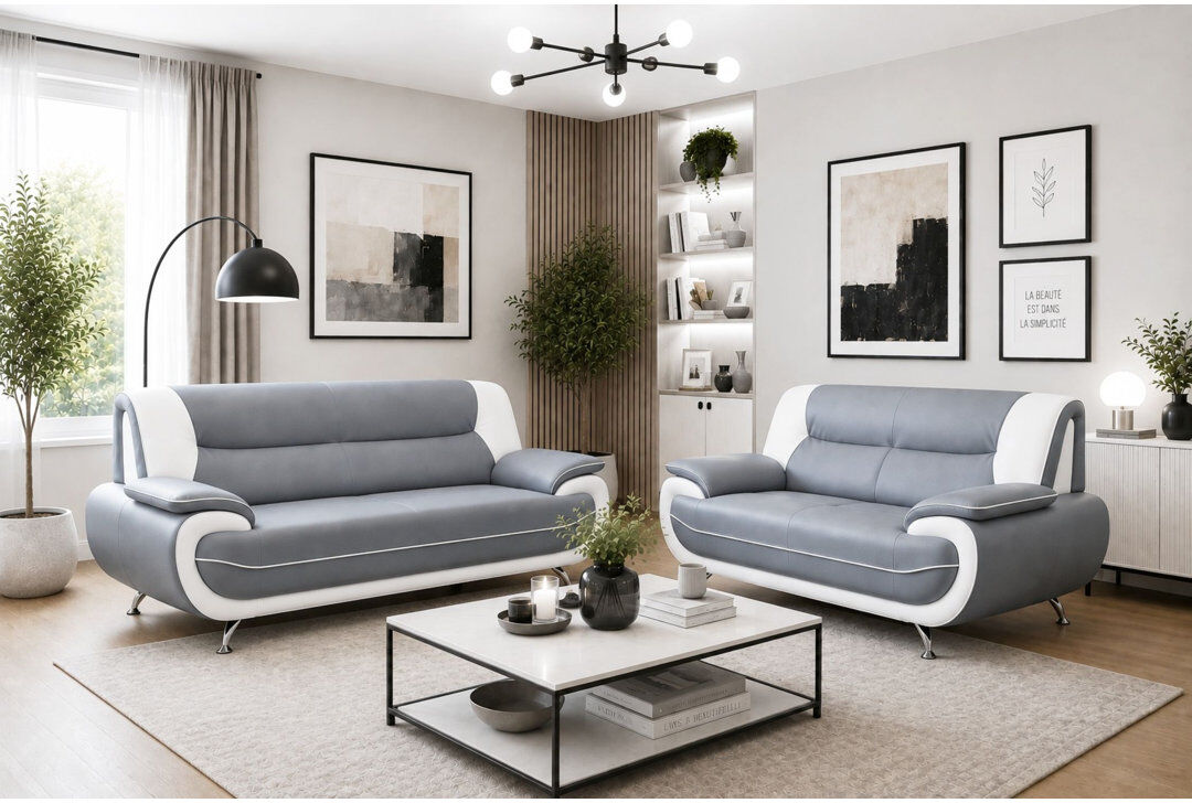 Latitude Run Hartle 2 Piece Faux Leather Standard Living Room Set Grey/White 2