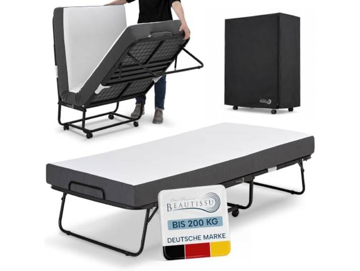 Beautissu Klappbett mit Matratze Gästebett Klappbar für Erwachsene Rollbett 90x200cm 13cm Dicke Matratze Memory Schaum Faltbett 4 feststellbaren Rollen Platzsparend mit Schutzhülle Notbett Traumkraft