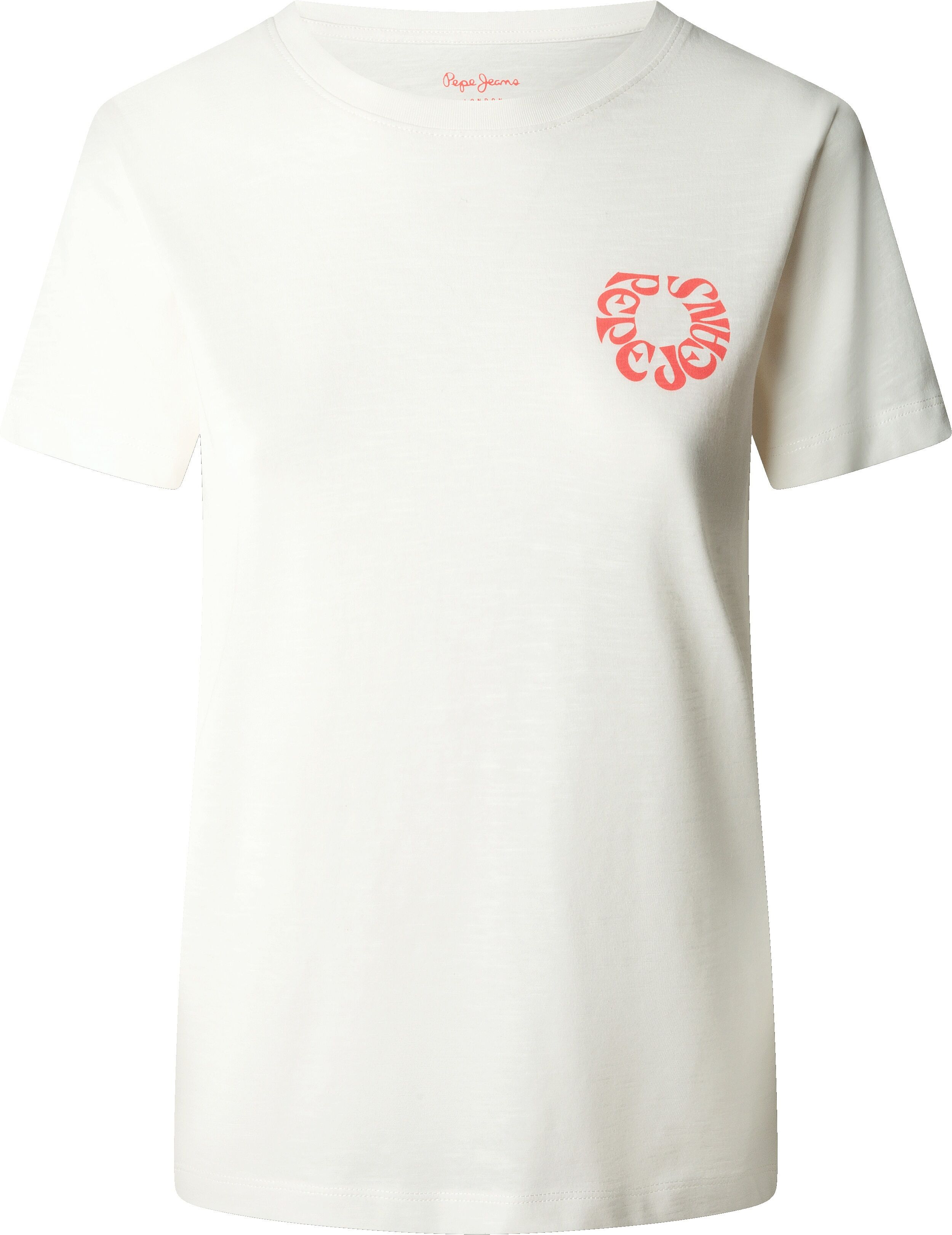 T-Shirt PEPE JEANS "BECKA", Damen, Gr. S, weiss (mousse weiß), Single Jersey, Obermaterial: 100% Baumwolle, unifarben, hüftbedeckend, Rundhals, abgesteppte Kante, Shirts T-Shirt, aus Baumwolle, Rundhalsform mousse weiß S