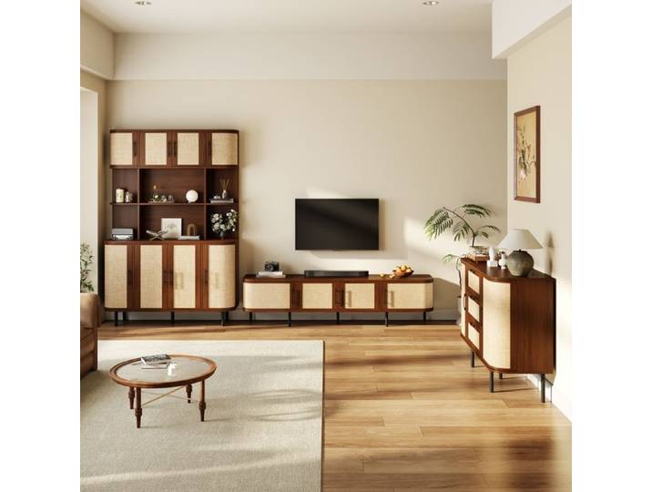 Ensemble de meubles pour salon avec meuble TV buffet bas et buffet haut-façade en osier poignées noires et pieds en métal
