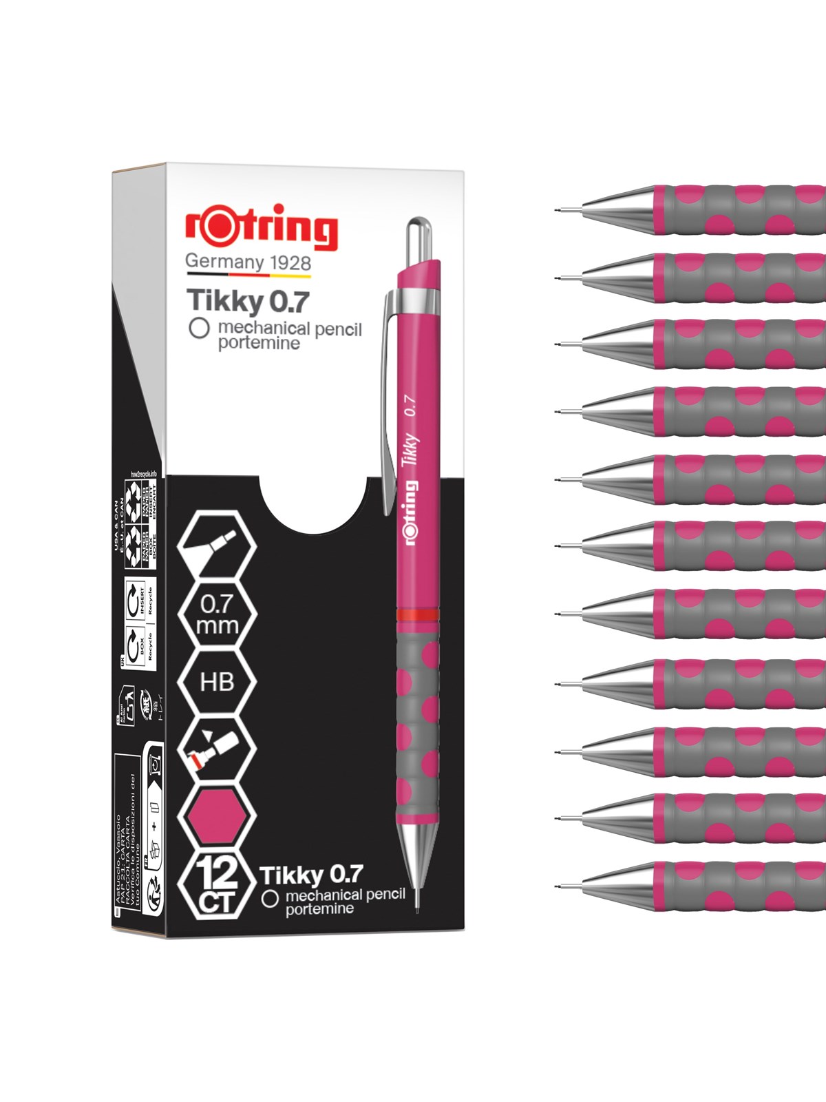 Rotring Tikky Mechanical Pencil | HB 0.7 mm | Magenta (pink) Barrel | Lightweight with Rubberised Grip | 12 Count