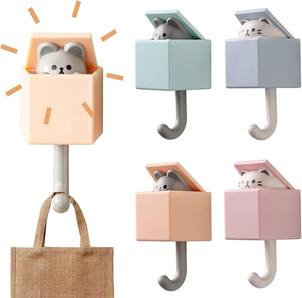 Dailygoody Zelfklevende wandhaken - Decoratieve kattensleutelhaken - Geel