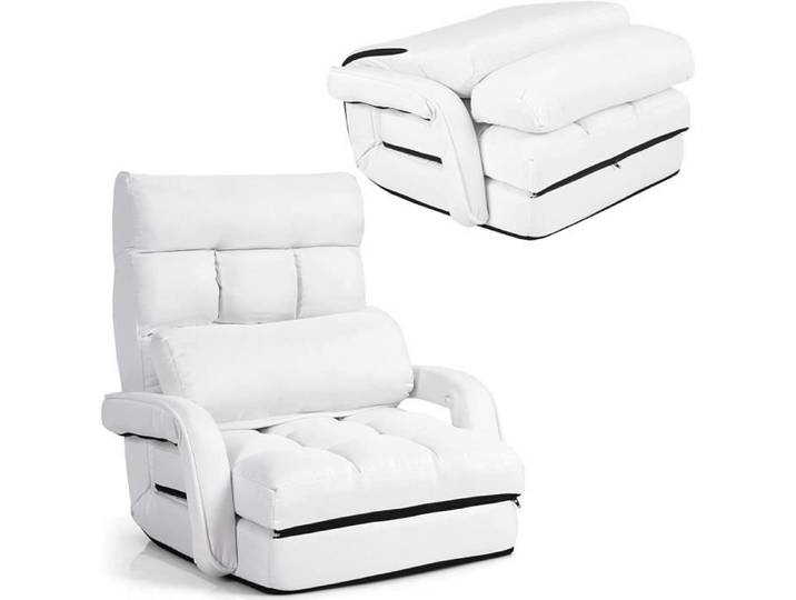 RELAX4LIFE Fauteuil Convertible à Accoudoir et Dossier Réglable à 5 Positions Chauffeuse 1 Place Fauteuil Bas avec Oreiller Blanc