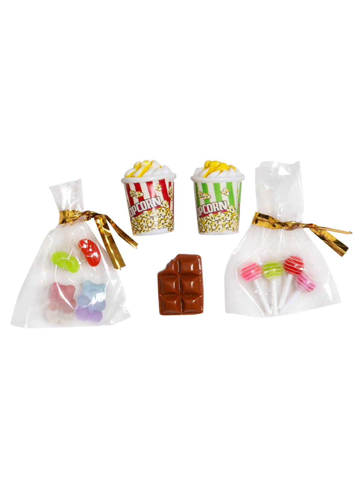 Micki Lundby Snacktüten mit Gummibonbons, Schokolade und einem Lutscher, Popcorn mit Butter