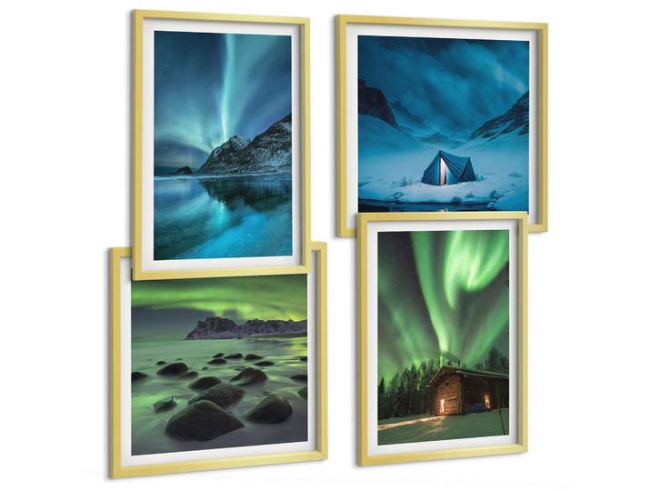 BILDER SET 4er Set - 50x50 cm & 40x60 cm Goldrahmen - Winterlandschaften, Nordlichter, Berge