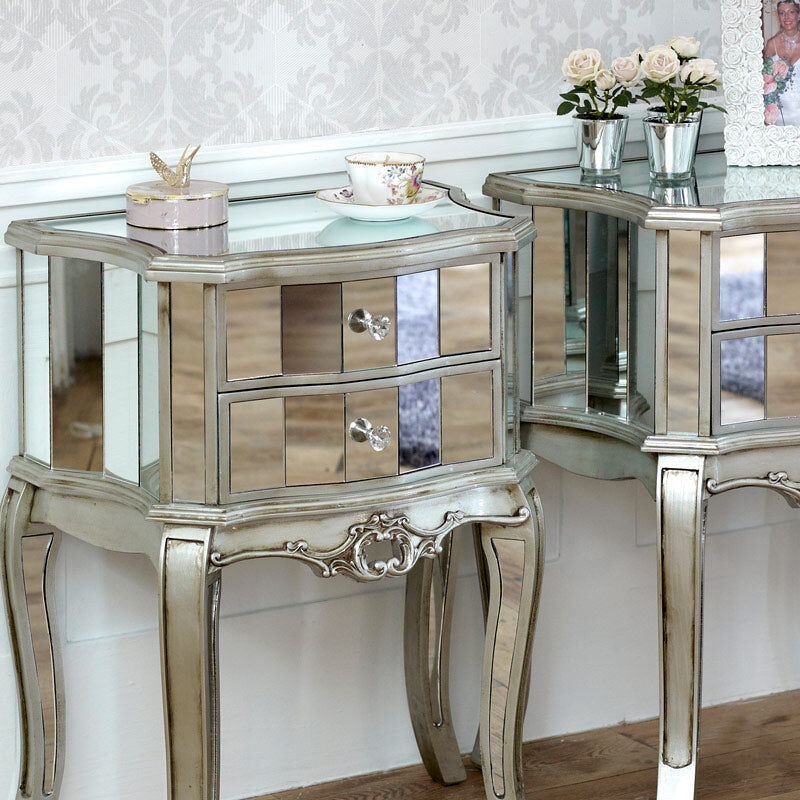 Pair of Mirrored 2 Drawer Bedside Tables - Tiffany Range Glass, Metal, Wood