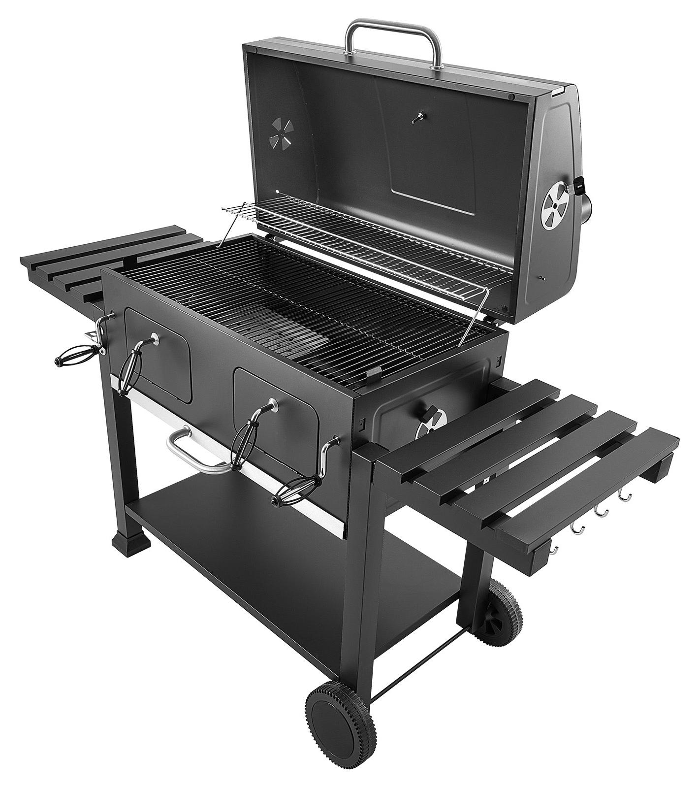 Holzkohlegrill 0,50 m² Kohlegrillwagen mit 2 Anhebbaren Holzkohleschalen und Klappbaren Seitentischen, Hitzebeständiger, Pulverbeschichteter Stahlgrill für Terrassen- und Gartenpartys